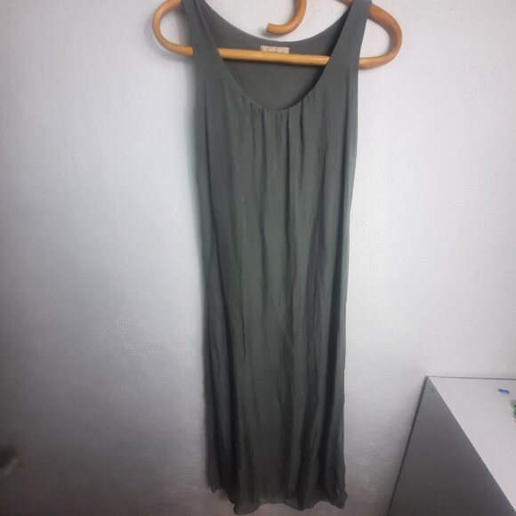 Sofia Made in Italy Army Green Silk Sleeveless Dress Size Small/Med Flowy Midi - Picture 2 of 8